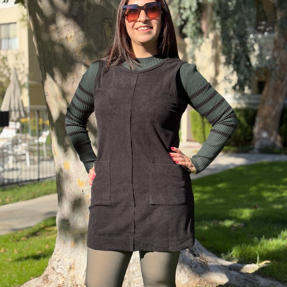 Black Corduroy Dress with Green Striped Sleeves